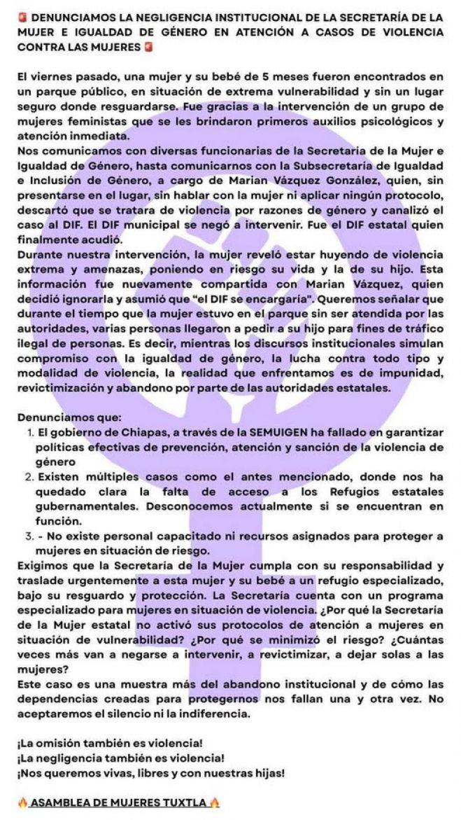 Asamblea de Mujeres Tuxtla denuncia negligencia institucional en atención a caso de violencia contra una mujer y su bebé