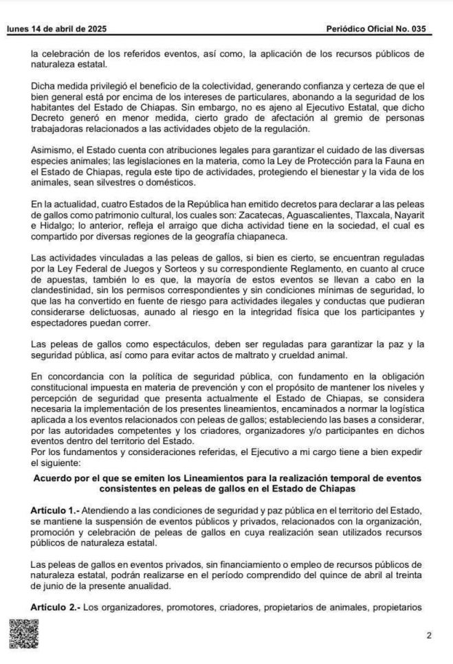 Gobierno de Chiapas autoriza temporalmente las peleas de gallos