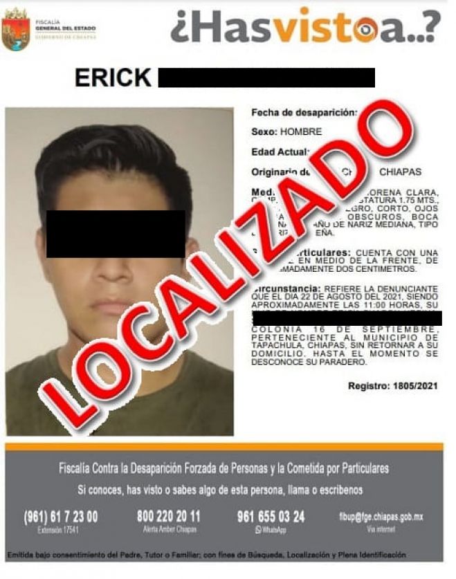 Localiza FGE en Tapachula a una persona del sexo masculino con reporte de extravío