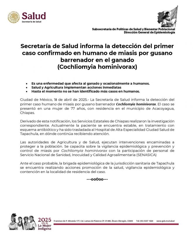 Confirman caso humano de miasis por gusano barrenador en Chiapas, México