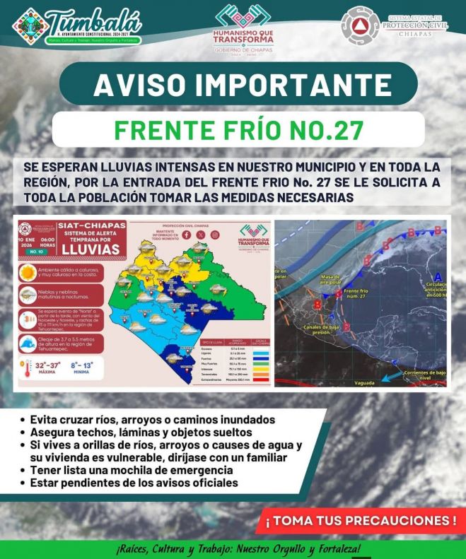 Frente frío 27 activa alerta por frío y lluvias en la zona altos y norte de Chiapas
