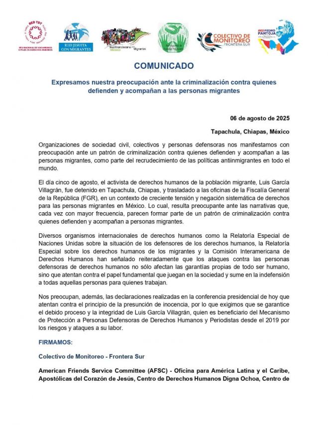 Organizaciones denuncian criminalizaci&oacute;n de defensor de migrantes detenido en Tapachula
