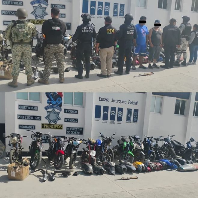 Detienen a dos sujetos con 16 motocicletas con reporte de robo y arma hechiza en Ocosingo