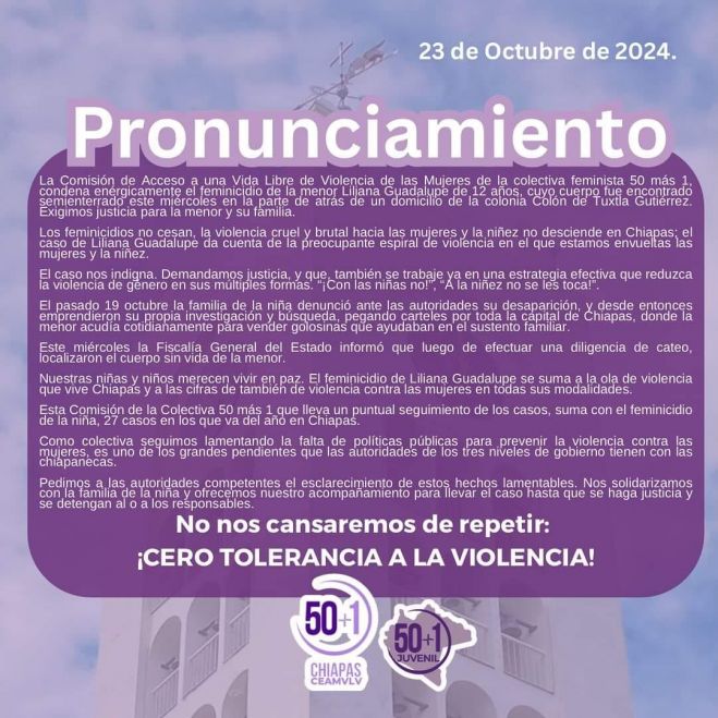 Pronunciamiento de 50+1 sobre el feminicidio de la peque&ntilde;a Liliana Guadalupe