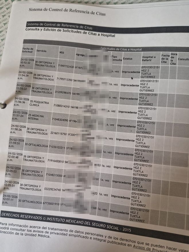 Denuncian falta de citas en Traumatolog&iacute;a del IMSS en zona San Crist&oacute;bal&ndash;Tuxtla