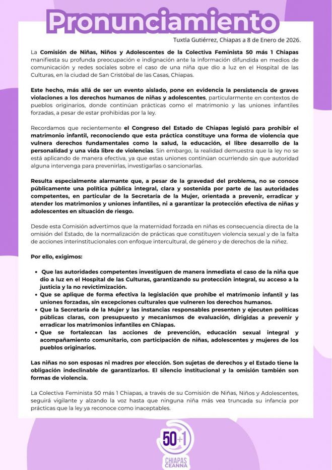 PRONUNCIAMIENTO  DE LA COMISI&Oacute;N DE NI&Ntilde;AS, NI&Ntilde;OS Y ADOLESCENTES  DE LA COLECTIVA FEMINISTA 50 M&Aacute;S 1