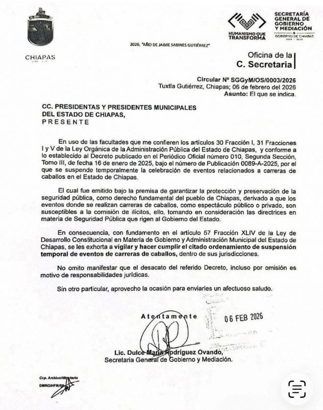 Gobierno de Chiapas exhorta a municipios a cumplir suspensi&oacute;n de carreras de caballos