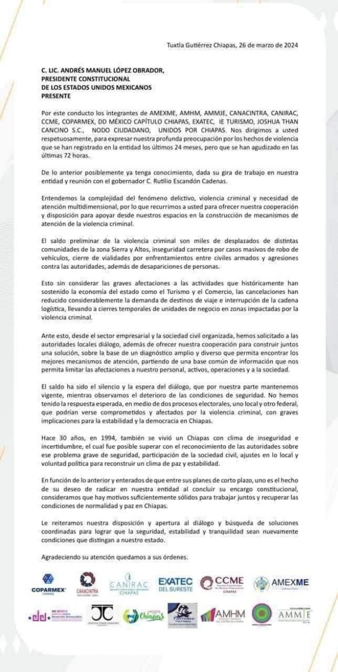 Empresarios y sociedad civil organizada piden Paz en Chiapas