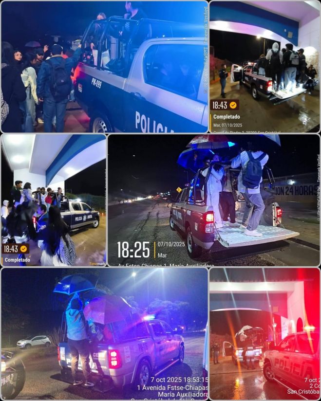 Policía Municipal auxilia a estudiantes de la UNICH tras inundación en El Campanario