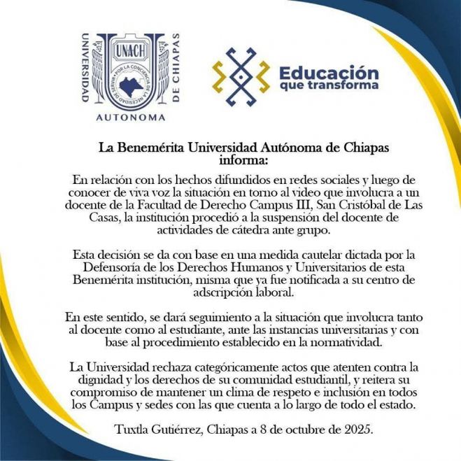 Suspende la UNACH a profesor que insultó y amenazó a estudiante durante clase