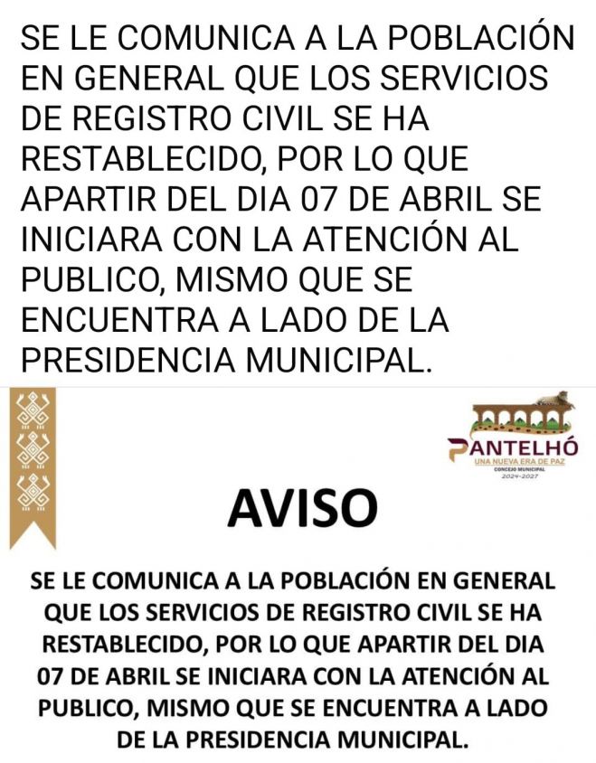 Reanudan servicios en las oficinas del Registro Civil en Pantelhó 