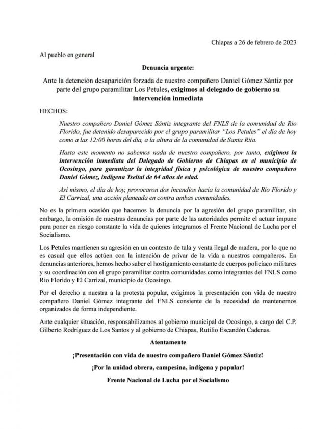 Denunciaron que Daniel Gómez Santiz, fue detenido y desaparecido por el grupo los Petules.
